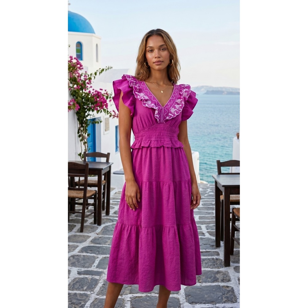 Umgee Flutter Sleeve Tiered Smocked Maxi Dress‎ Fuschia Size S Resort NWT